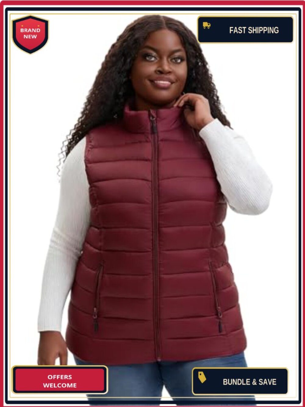 Plus Size Puffer Vest Packable Stand Collar Zipper Pockets